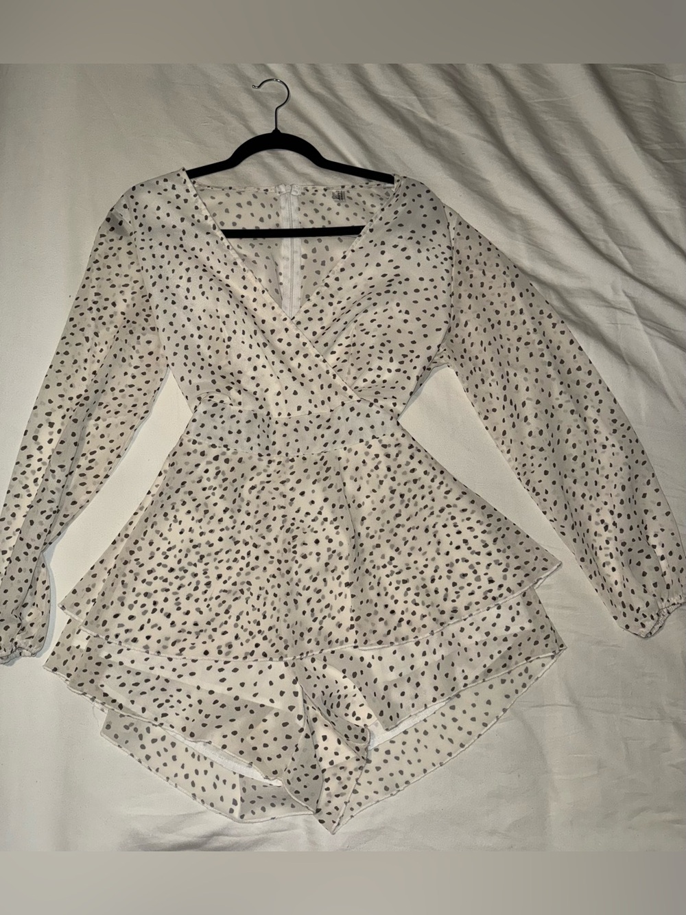 Women’s White Polka Dot Wrap Romper - Elegant Tiered Long Sleeve